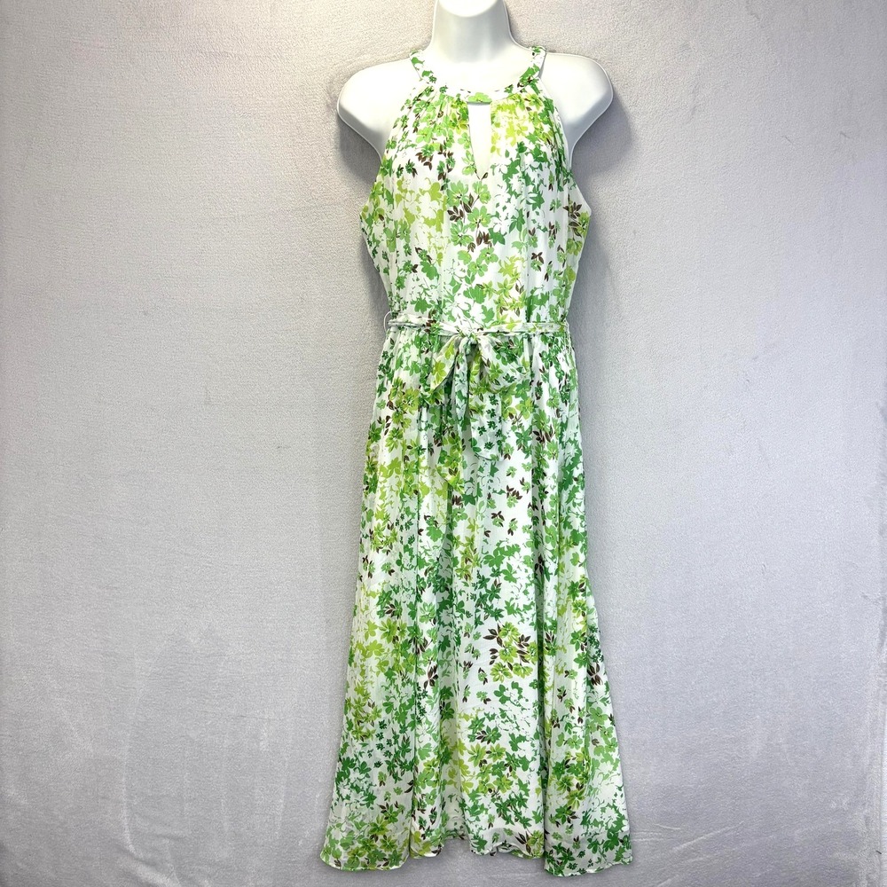 DKNY Floral‎ Chiffon Halter Midi Dress Womens 10 Green Belted Keyhole Belted